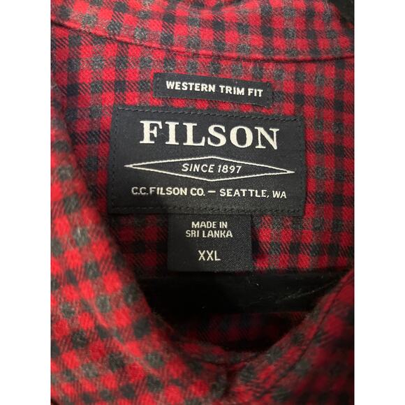 Filson Western Trim Fit Snap Shirt XXL Red Black Plaid 100% Cotton Workwear - Picture 2 of 9